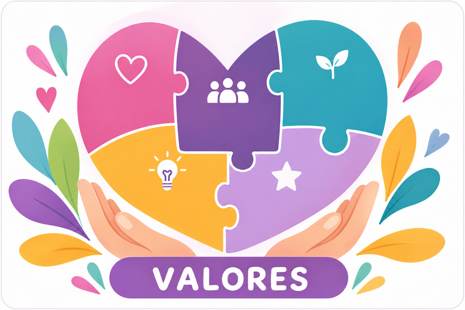 Valores: manos sosteniendo un corazón multicolor con símbolos de cuidado y comunidad