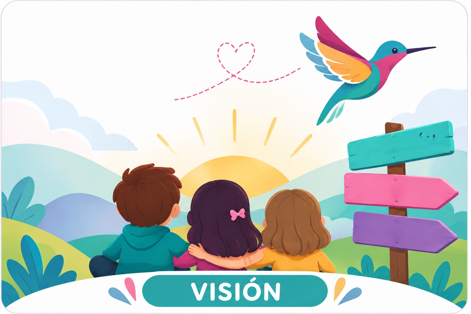 Visión: niños mirando juntos hacia el horizonte y un colibrí
